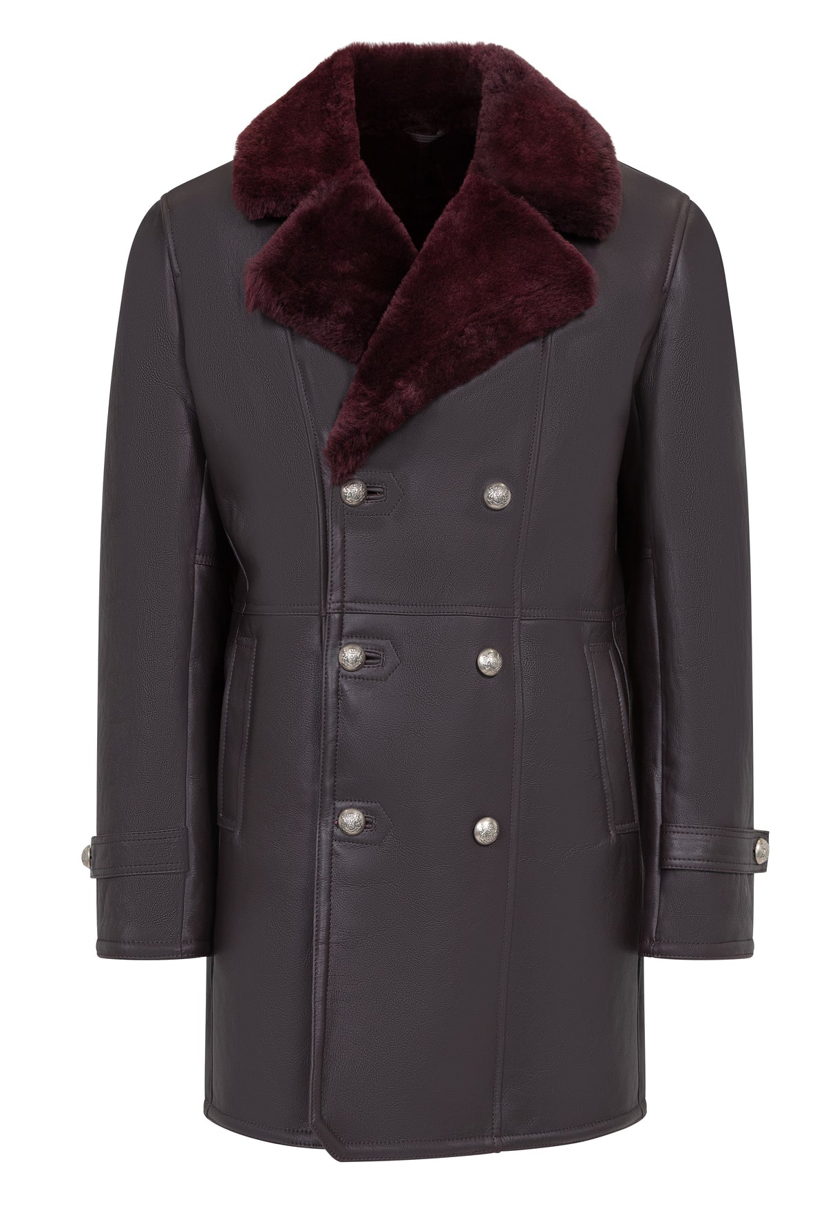 Jakewood 4400 Burgundy Genuine Sheepskin Shearling Trench Coat