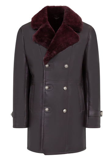 Jakewood 4400 Burgundy Genuine Sheepskin Shearling Trench Coat