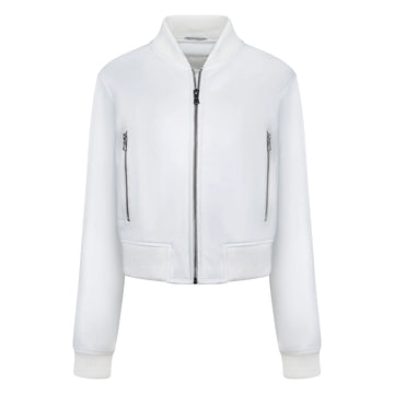 Jakewood 1018 White Ladies Genuine Lambskin Leather Cropped Jacket