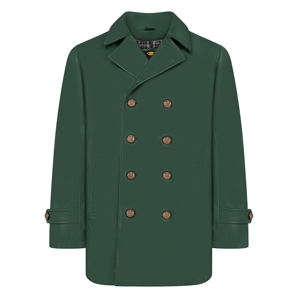 Jakewood 2092 Emerald Green Genuine Lambskin Leather Double Breasted Peacoat
