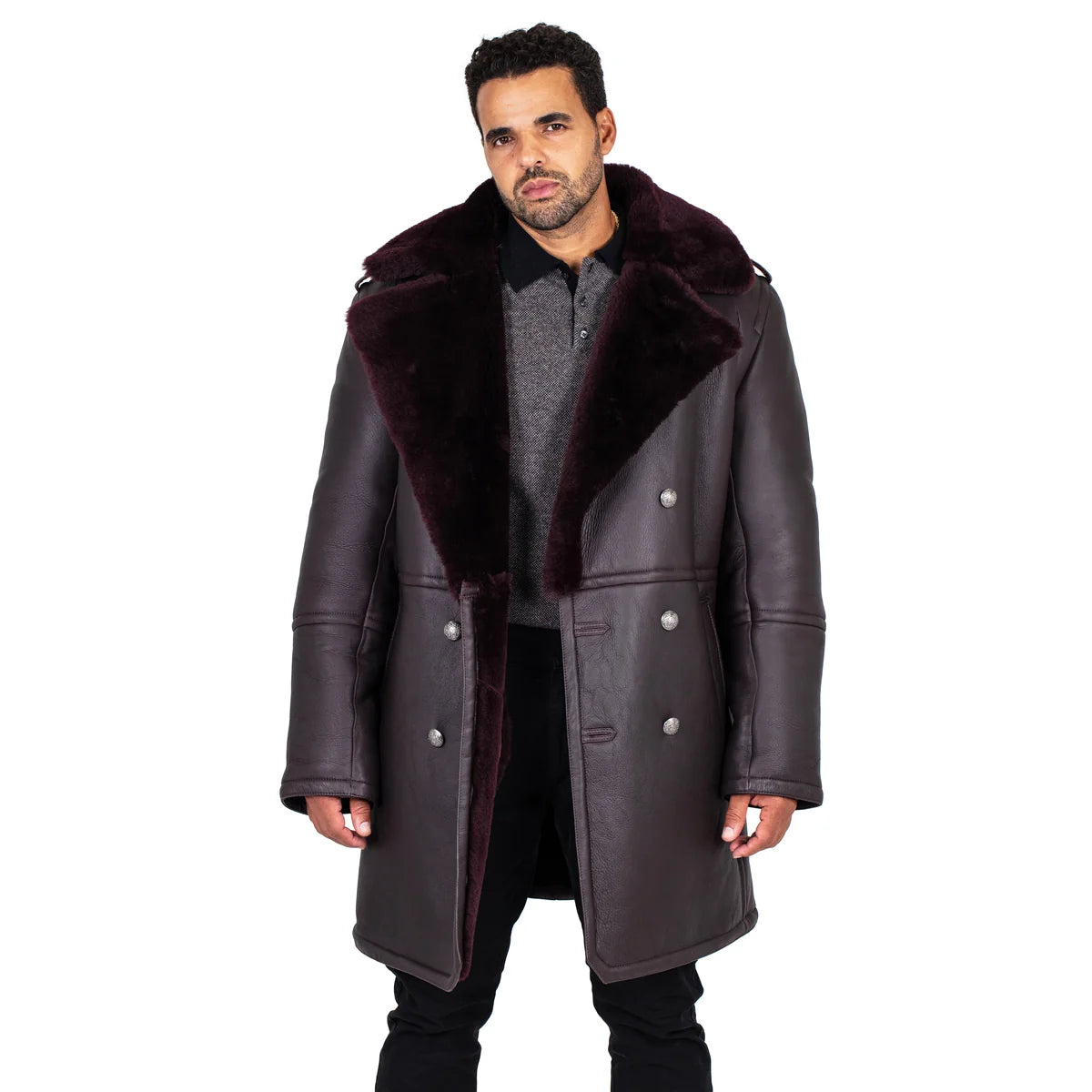 Jakewood 5000 Burgundy Genuine Shearling Sheepskin Double Breasted Trench Coat