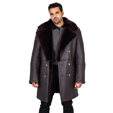Jakewood 5000 Burgundy Genuine Shearling Sheepskin Double Breasted Trench Coat