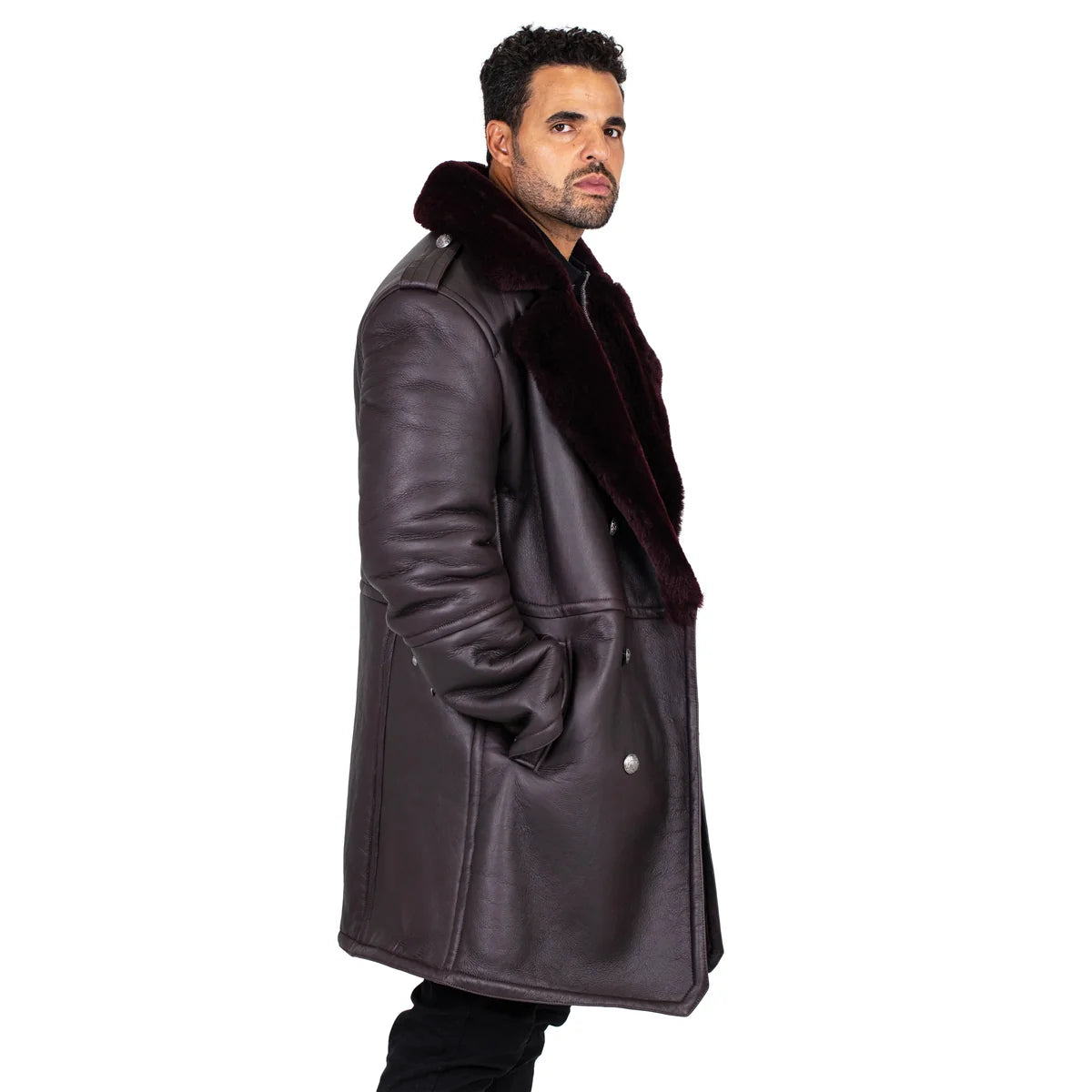 Jakewood 5000 Burgundy Genuine Shearling Sheepskin Double Breasted Trench Coat