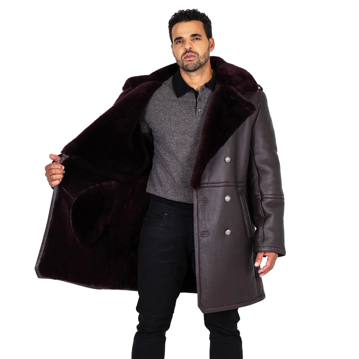 Jakewood 5000 Burgundy Genuine Shearling Sheepskin Double Breasted Trench Coat