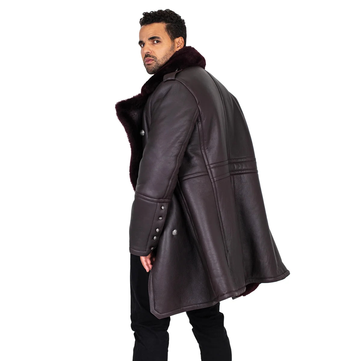 Jakewood 5000 Burgundy Genuine Shearling Sheepskin Double Breasted Trench Coat