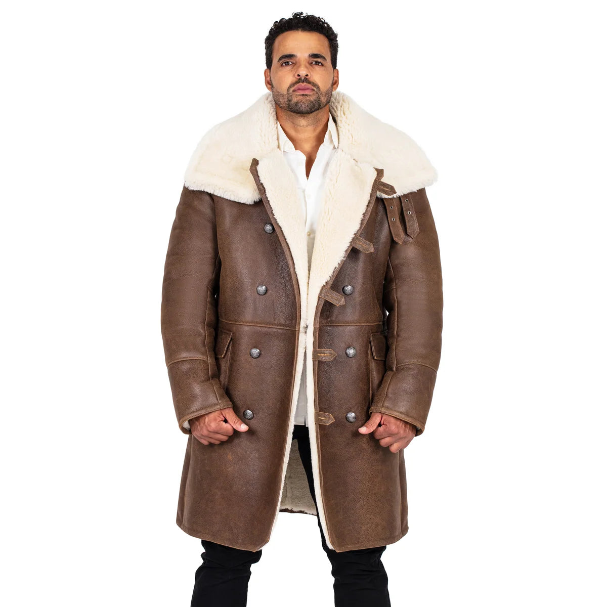 Jakewood 6110 Brown Genuine Sheepskin Double-Breasted Trench Coat