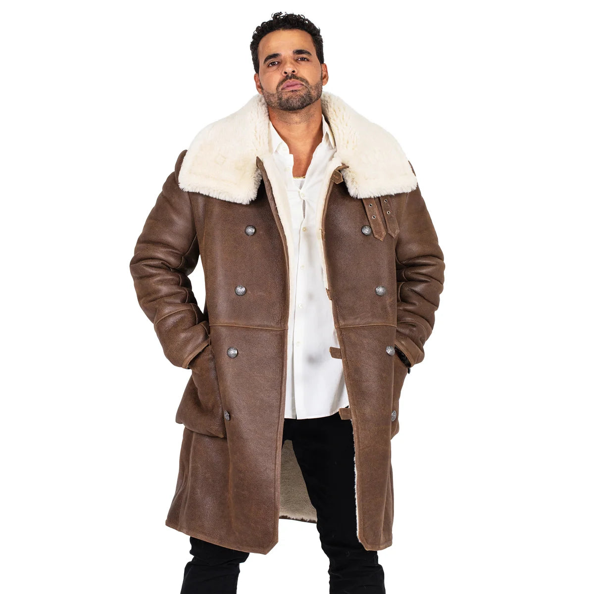 Jakewood 6110 Brown Genuine Sheepskin Double-Breasted Trench Coat