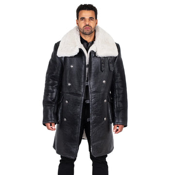Jakewood 6110 Black/White Genuine Sheepskin Double-Breasted Trench Coat