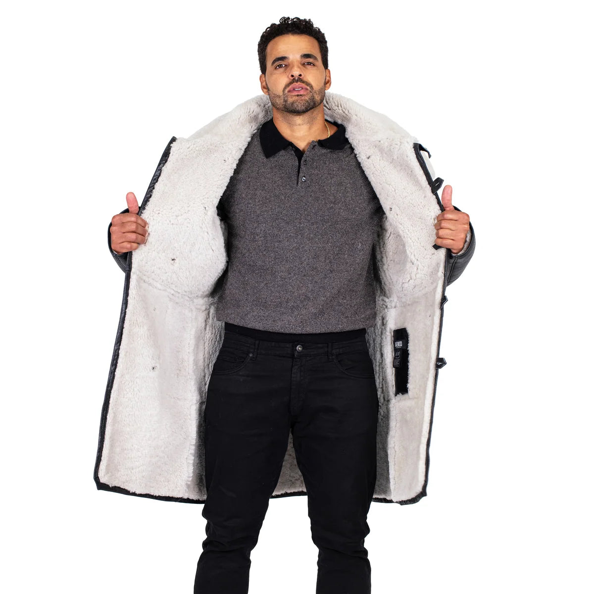 Jakewood 6110 Black/White Genuine Sheepskin Double-Breasted Trench Coat
