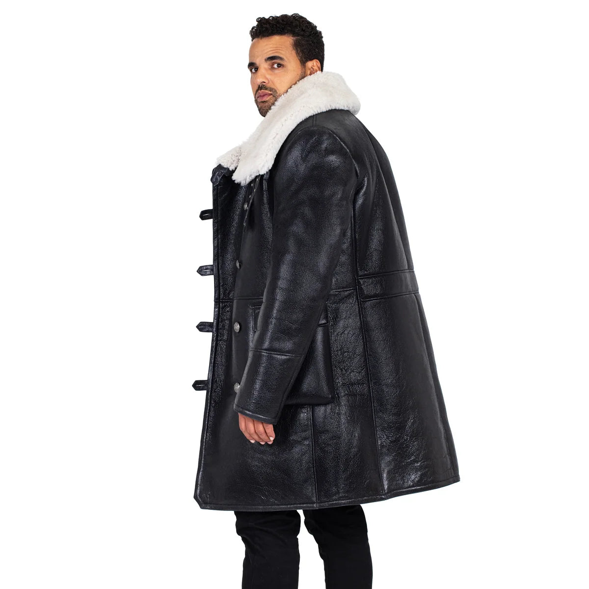 Jakewood 6110 Black/White Genuine Sheepskin Double-Breasted Trench Coat