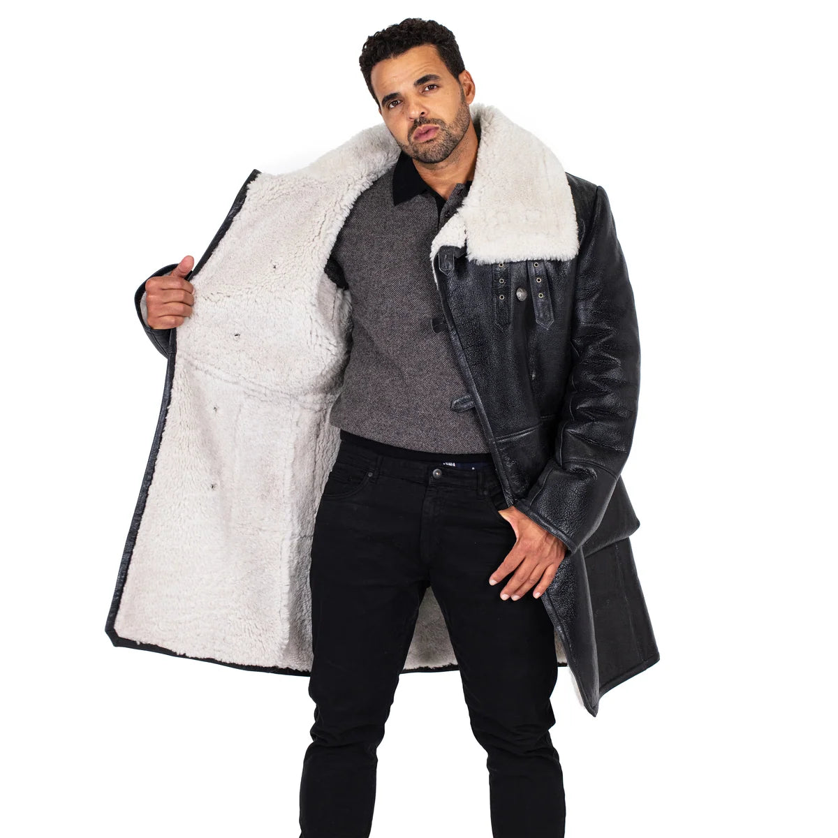 Jakewood 6110 Black/White Genuine Sheepskin Double-Breasted Trench Coat