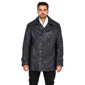 Jakewood 2092 Black Genuine Lambskin Leather Double Breasted Peacoat