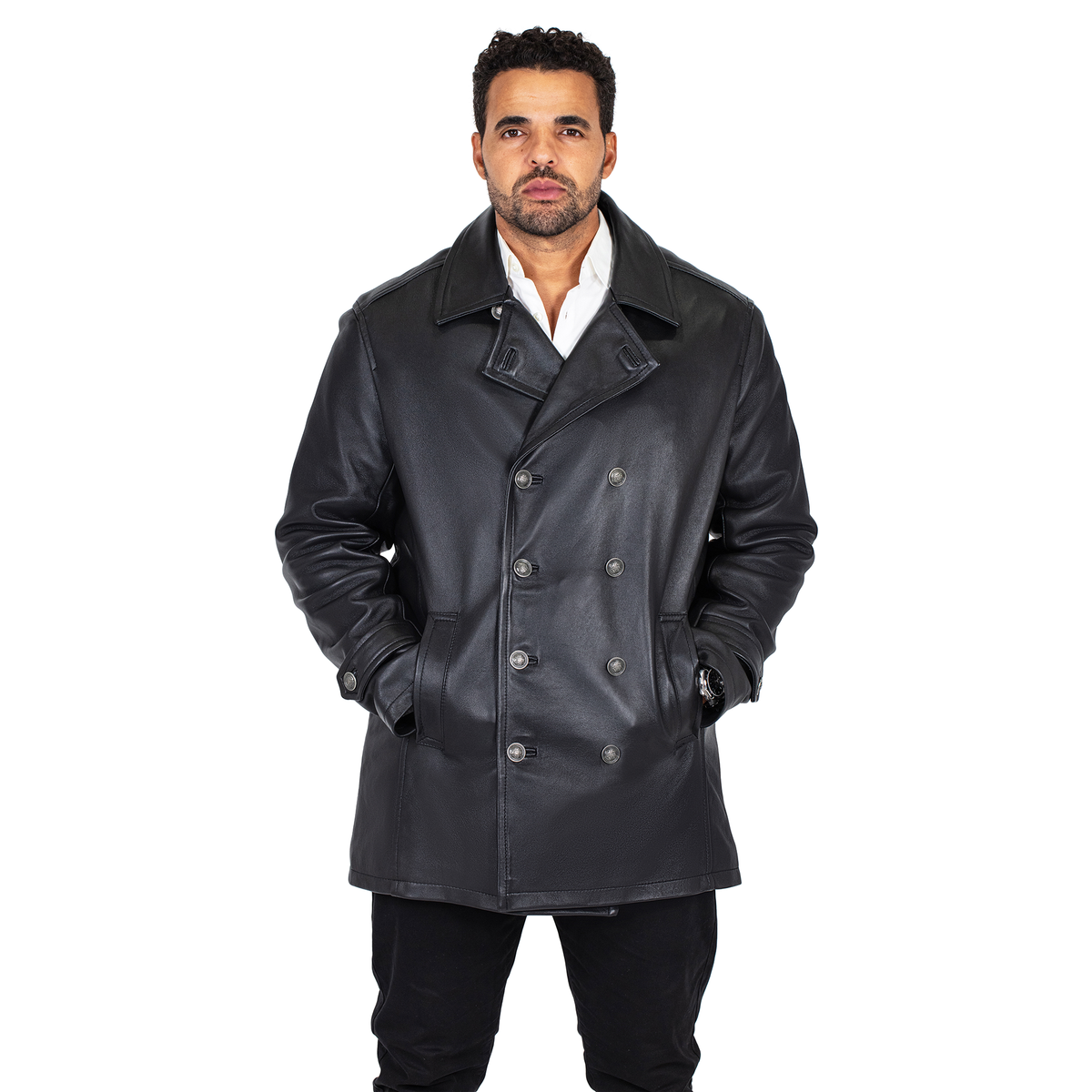 Jakewood 2092 Black Genuine Lambskin Leather Double Breasted Peacoat