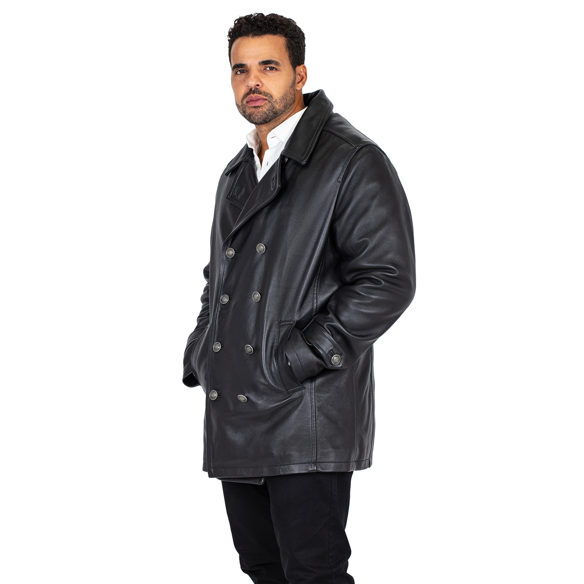 Jakewood 2092 Black Genuine Lambskin Leather Double Breasted Peacoat