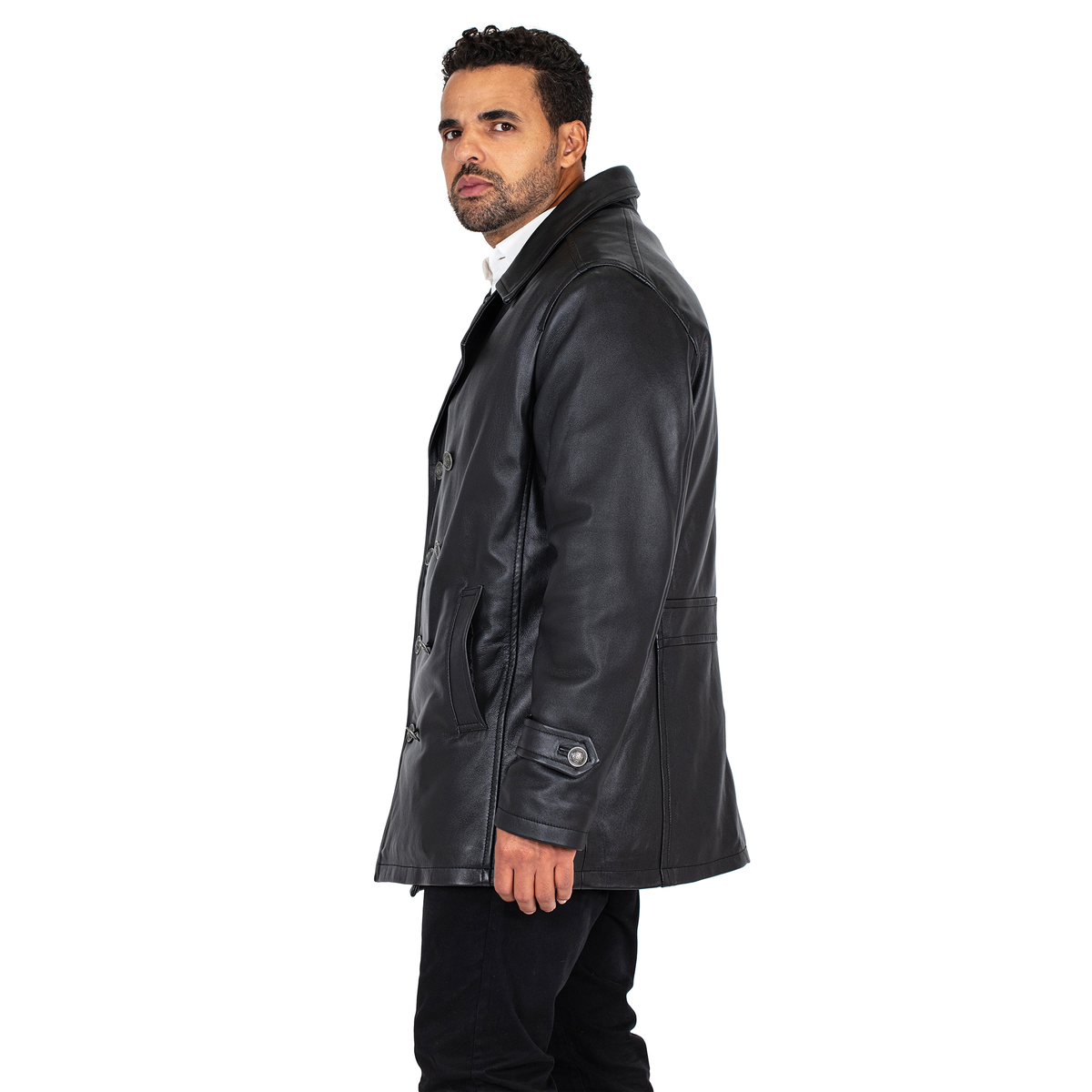 Jakewood 2092 Black Genuine Lambskin Leather Double Breasted Peacoat