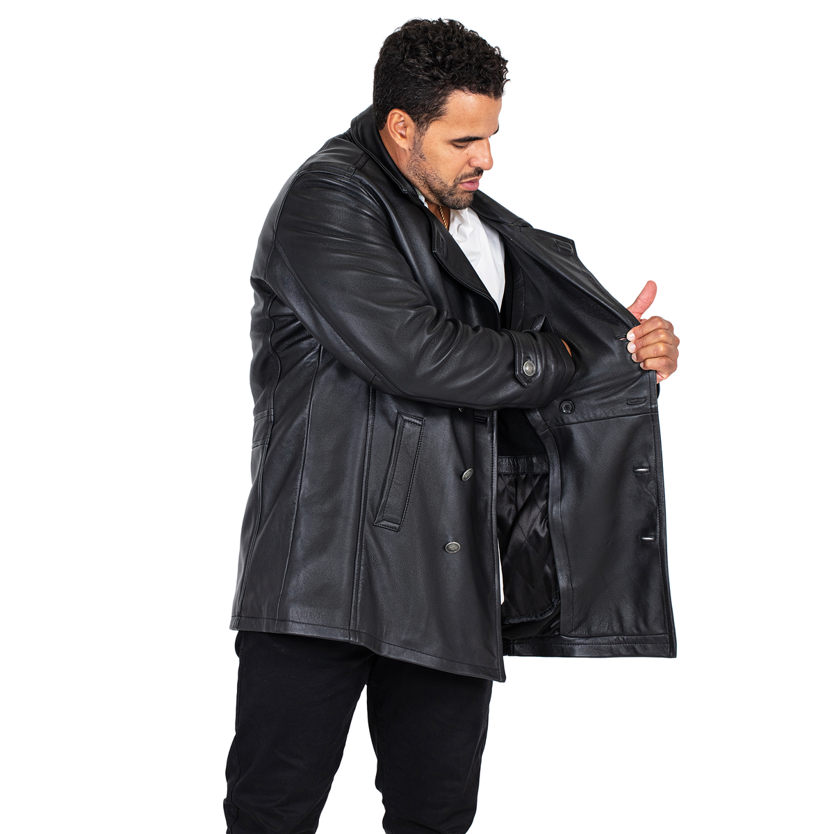 Jakewood 2092 Black Genuine Lambskin Leather Double Breasted Peacoat