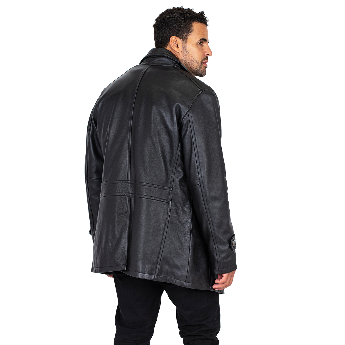 Jakewood 2092 Black Genuine Lambskin Leather Double Breasted Peacoat