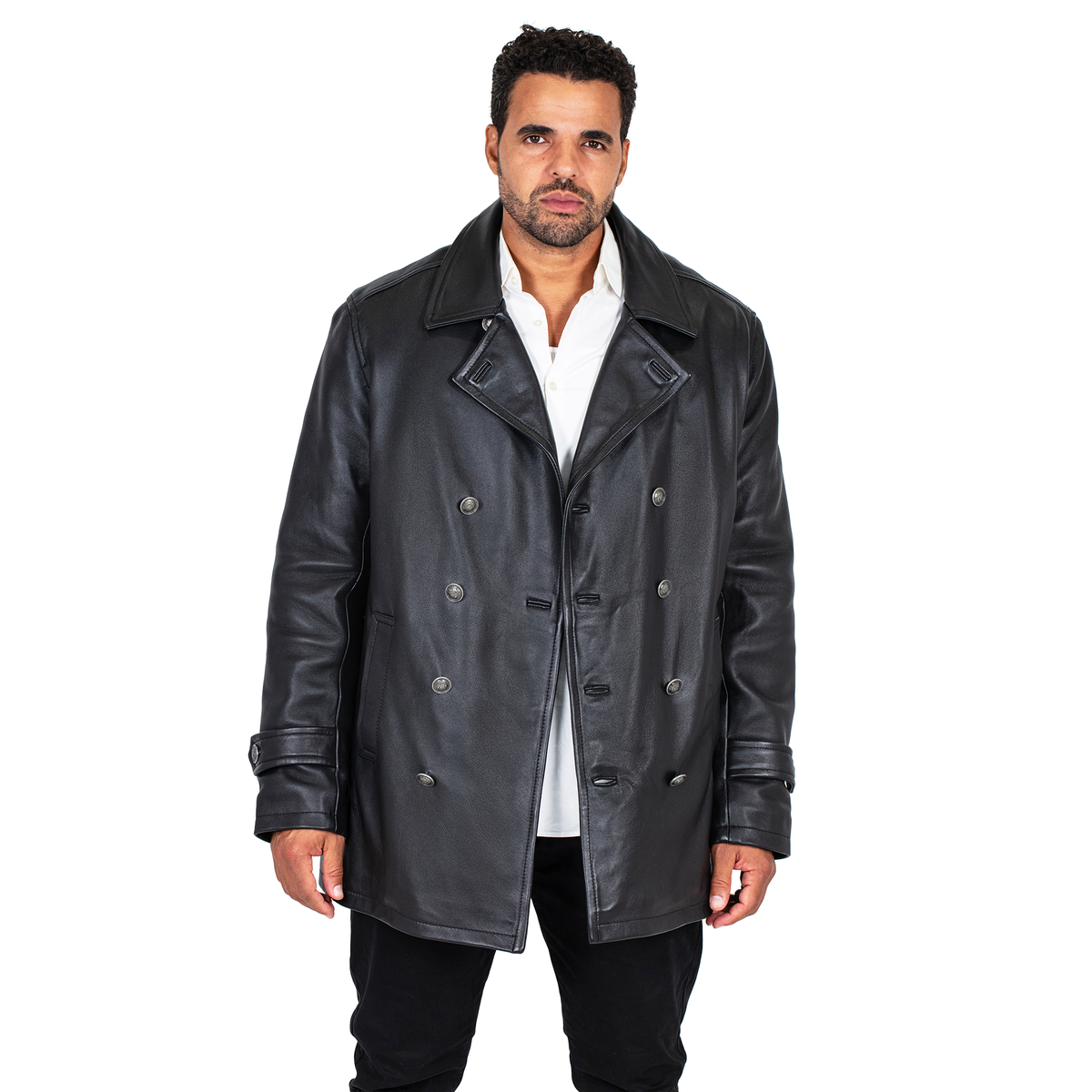 Jakewood 2092 Black Genuine Lambskin Leather Double Breasted Peacoat