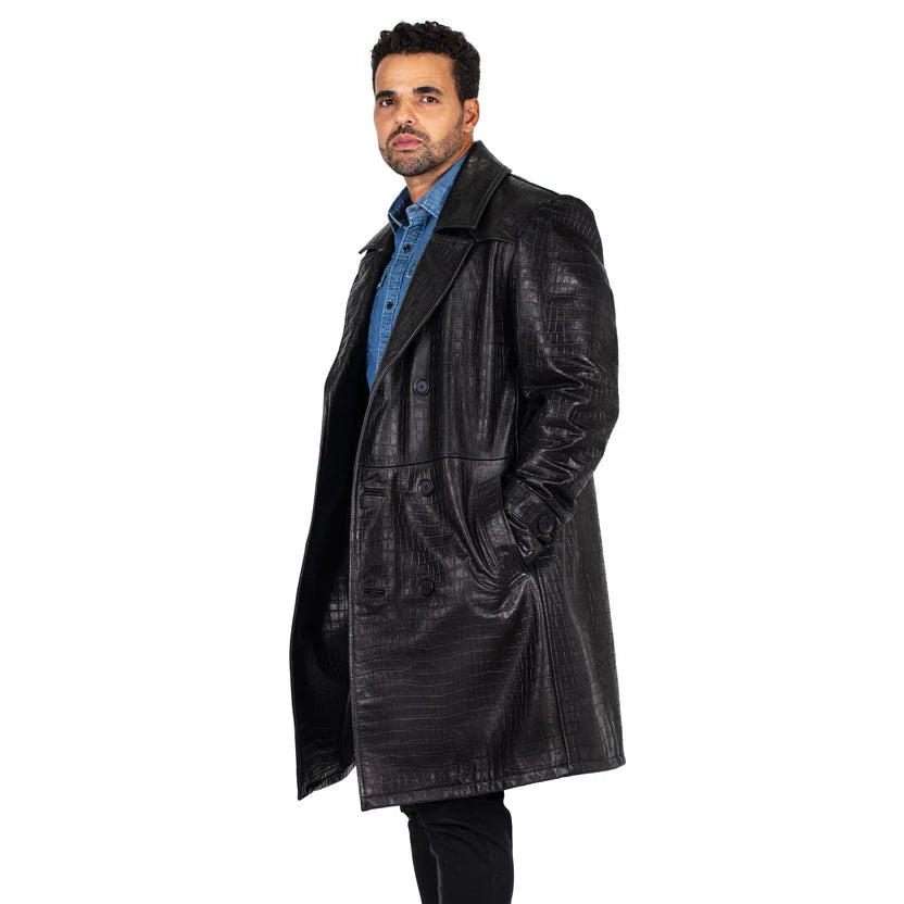 Jakewood 3130 Black Genuine Xman Double Breasted Embossed Leather Coat