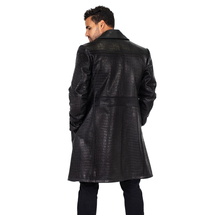Jakewood 3130 Black Genuine Xman Double Breasted Embossed Leather Coat