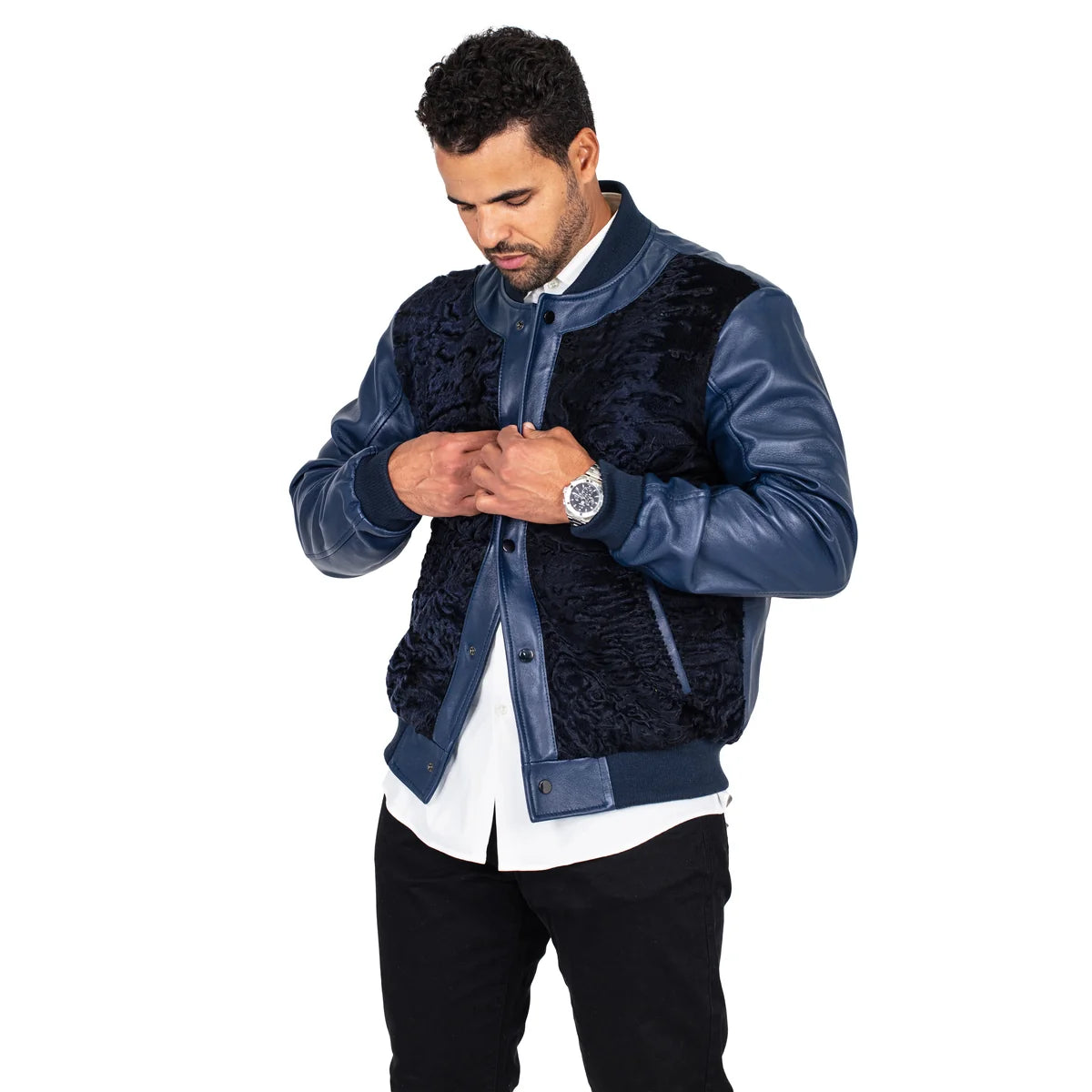 Jakewood 3443 Navy Genuine Persian Lamb/Leather Baseball Bomber Jacket