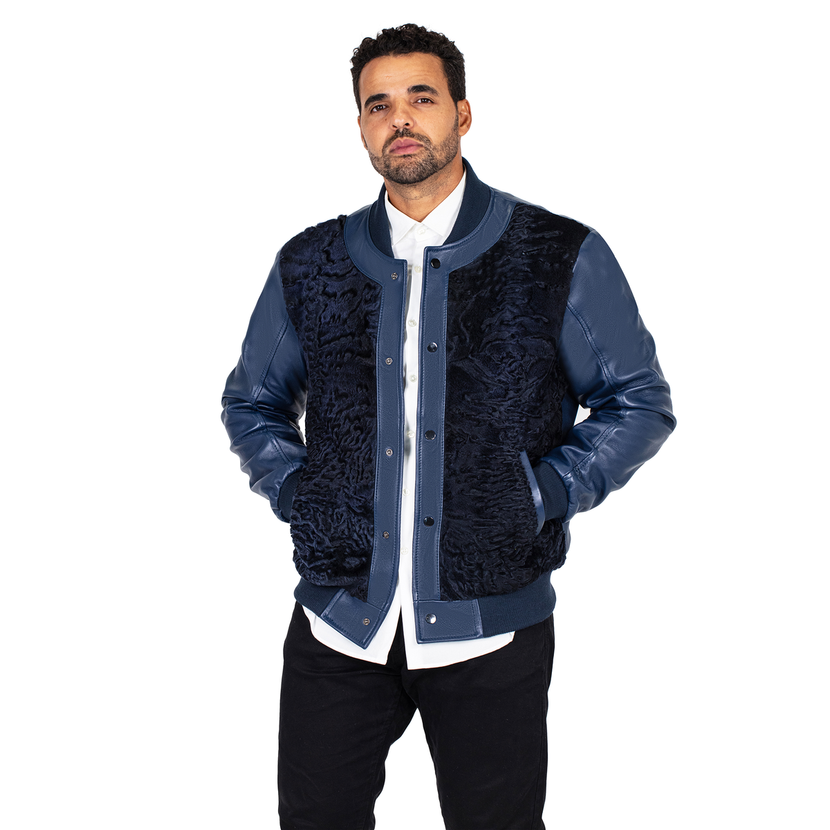 Jakewood 3443 Navy Genuine Persian Lamb/Leather Baseball Bomber Jacket