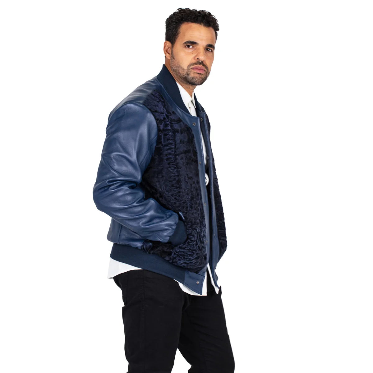 Jakewood 3443 Navy Genuine Persian Lamb/Leather Baseball Bomber Jacket