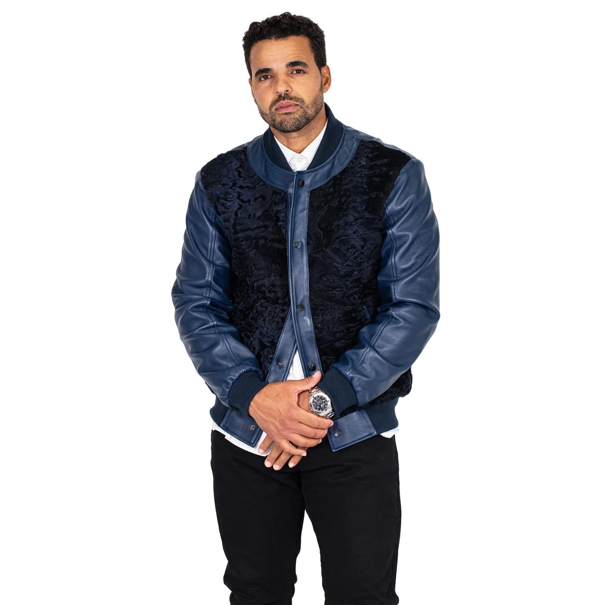 Jakewood 3443 Navy Genuine Persian Lamb/Leather Baseball Bomber Jacket
