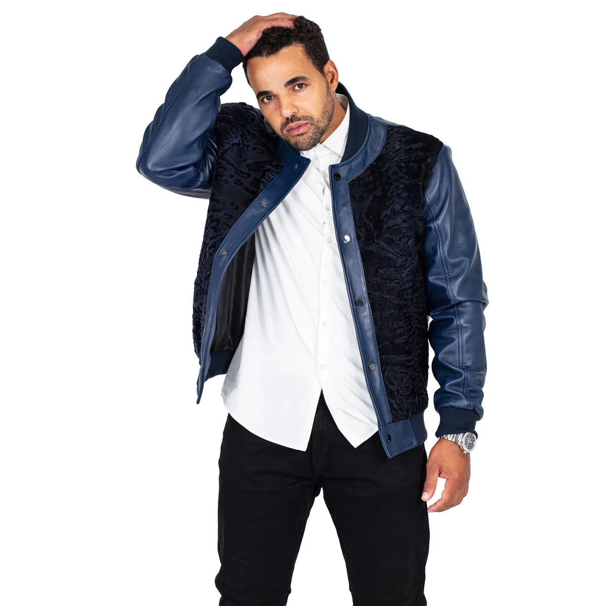 Jakewood 3443 Navy Genuine Persian Lamb/Leather Baseball Bomber Jacket