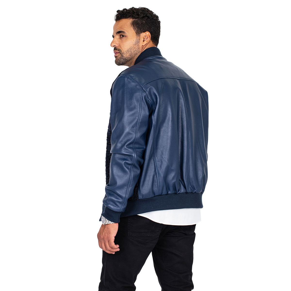 Jakewood 3443 Navy Genuine Persian Lamb/Leather Baseball Bomber Jacket
