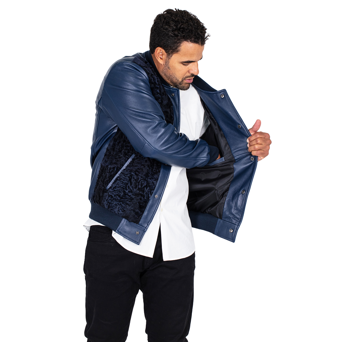 Jakewood 3443 Navy Genuine Persian Lamb/Leather Baseball Bomber Jacket