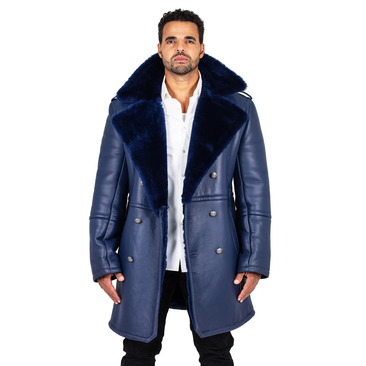 Jakewood 5000 Navy Genuine Shearling Sheepskin Double Breasted Trench Coat