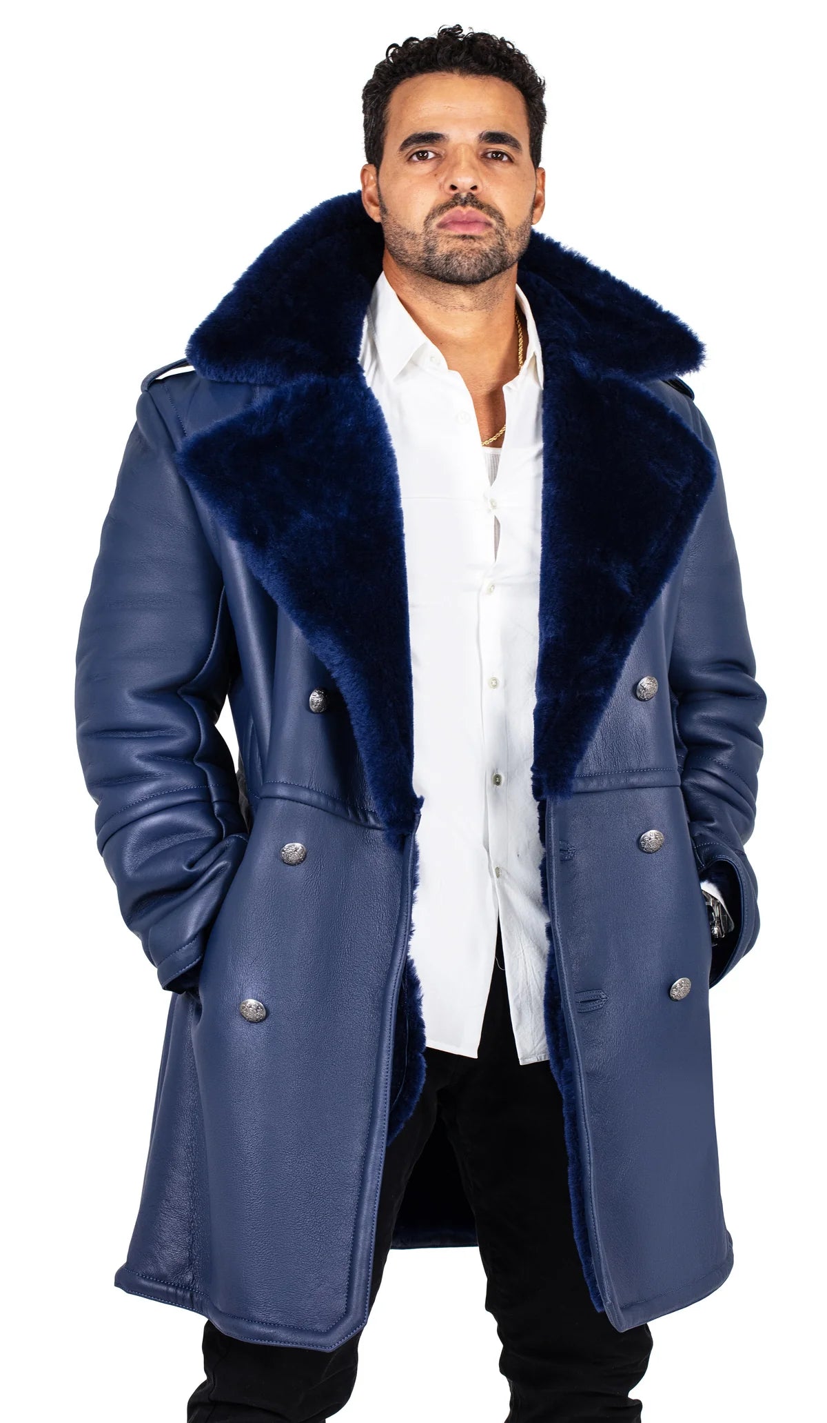 Jakewood 5000 Navy Genuine Shearling Sheepskin Double Breasted Trench Coat