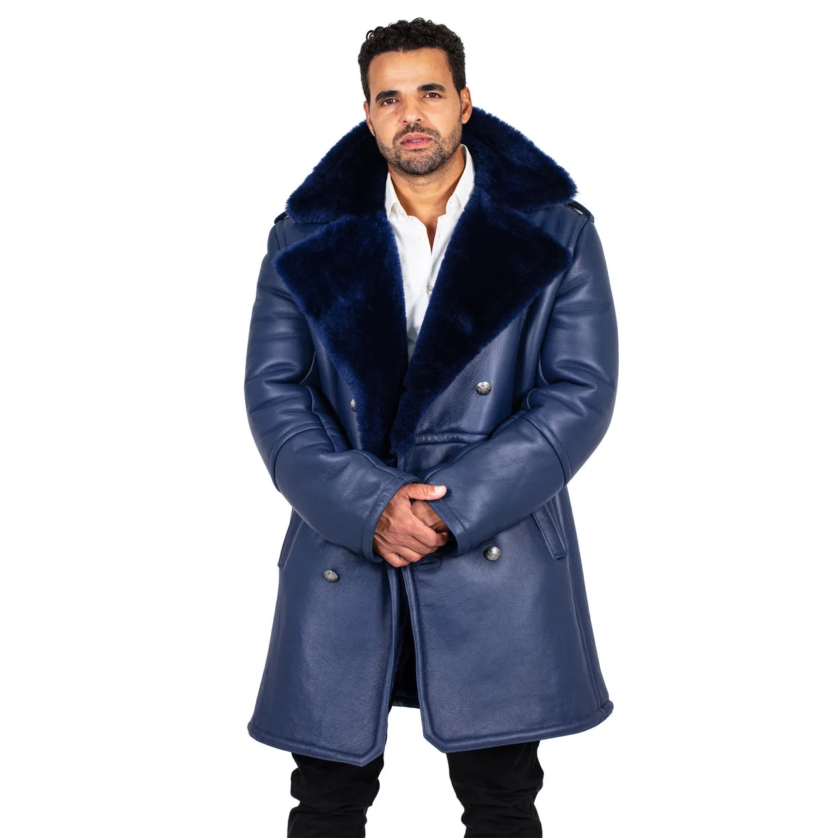 Jakewood 5000 Navy Genuine Shearling Sheepskin Double Breasted Trench Coat