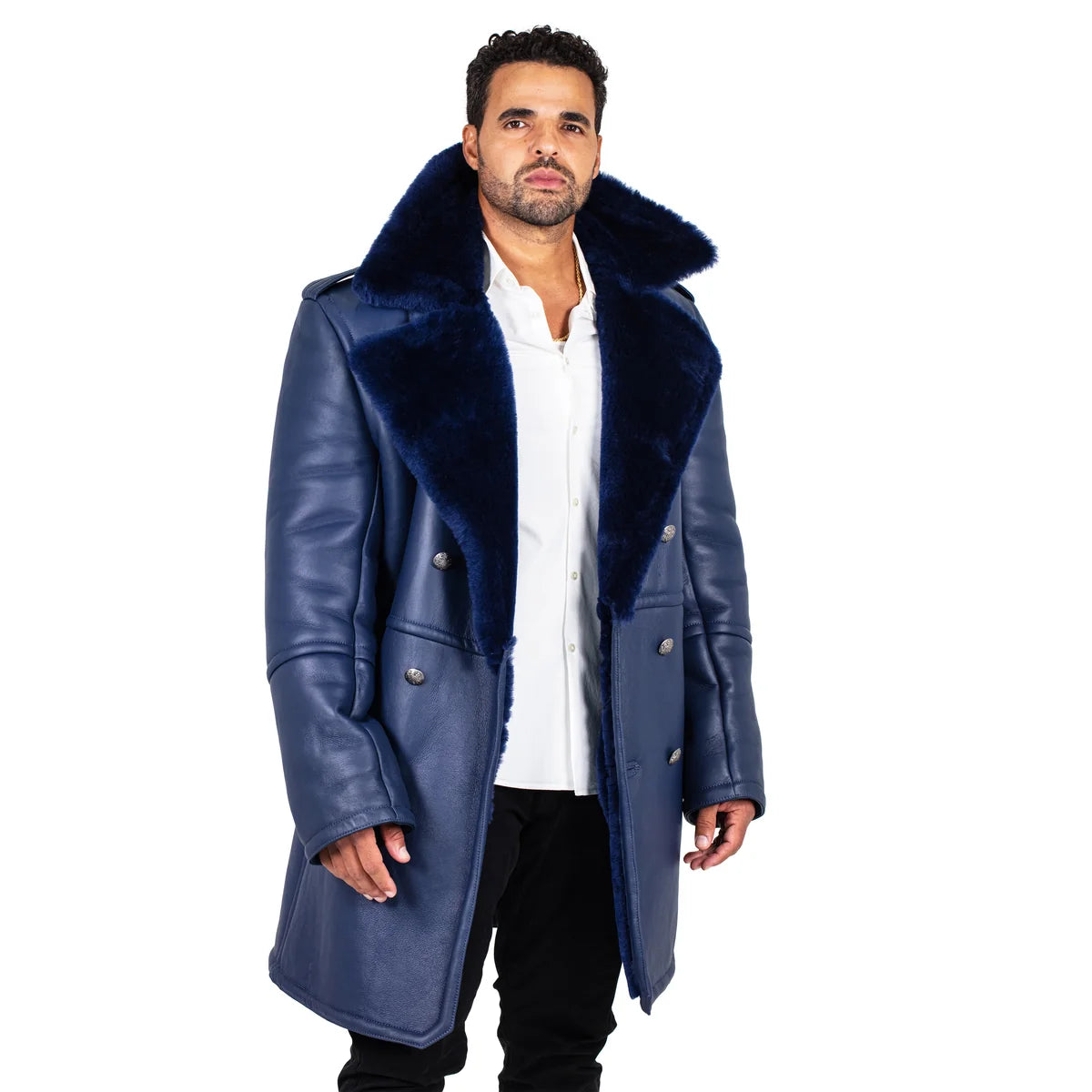 Jakewood 5000 Navy Genuine Shearling Sheepskin Double Breasted Trench Coat