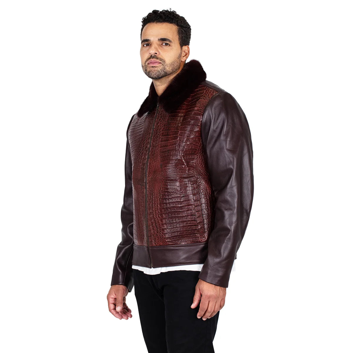 Jakewood 7510 Brown Genuine Alligator/Mink/Lambskin Leather Jacket