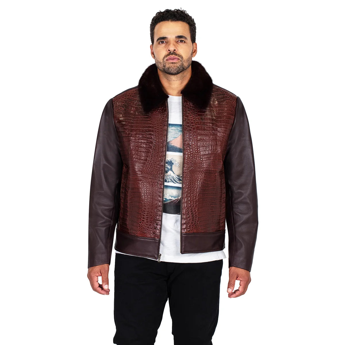 Jakewood 7510 Brown Genuine Alligator/Mink/Lambskin Leather Jacket