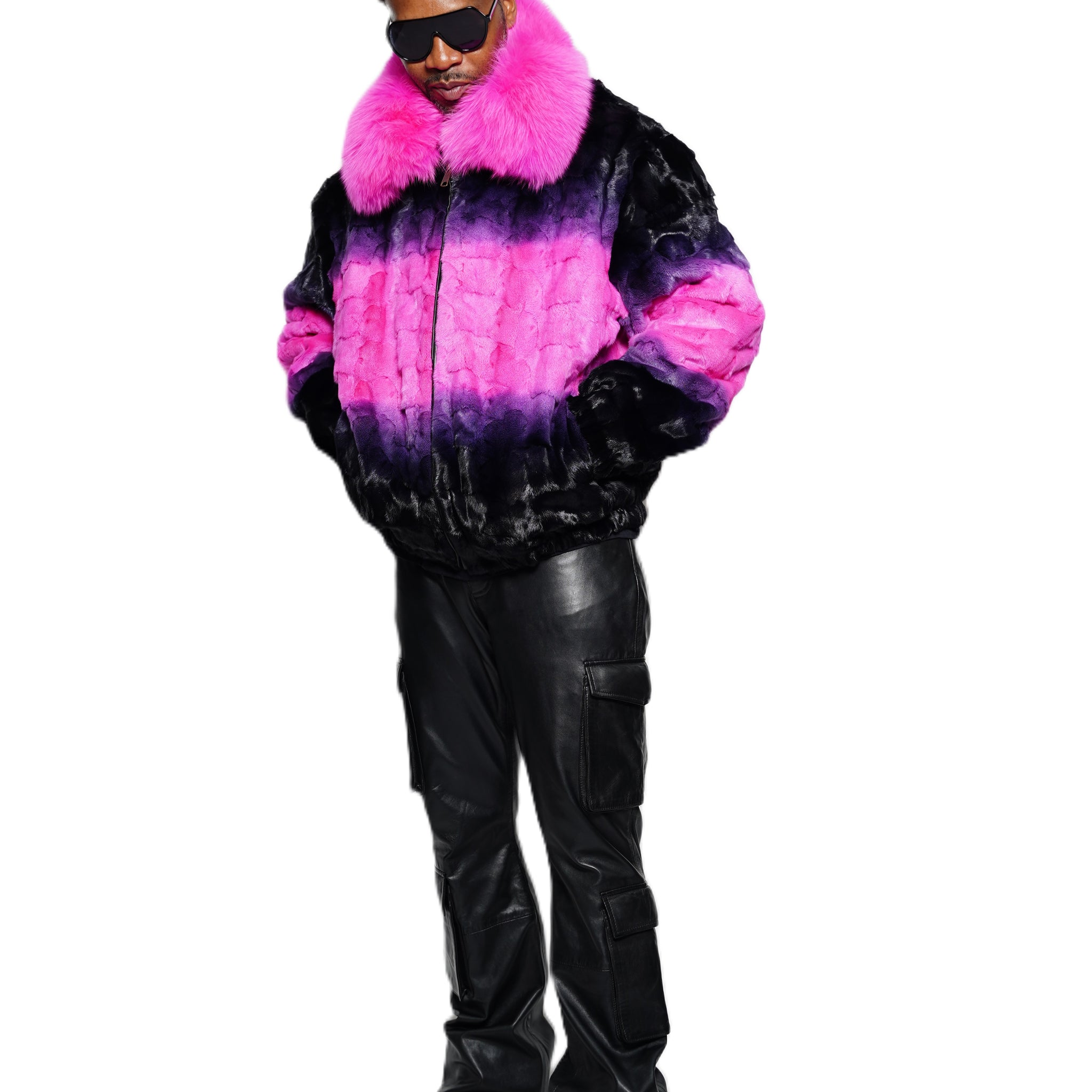 Verona Men's M49R01 Fuschia/Black Genuine Mink Sections Jacket