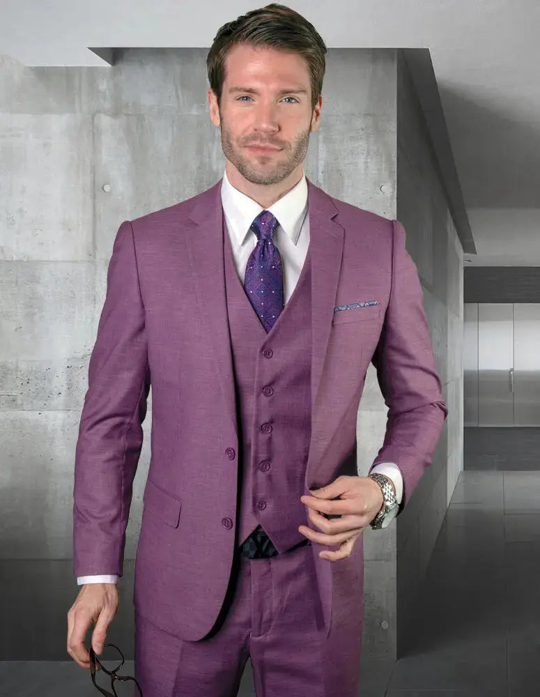 Statement Lazaro Mauve Super 150's Italian Wool Vested Suit