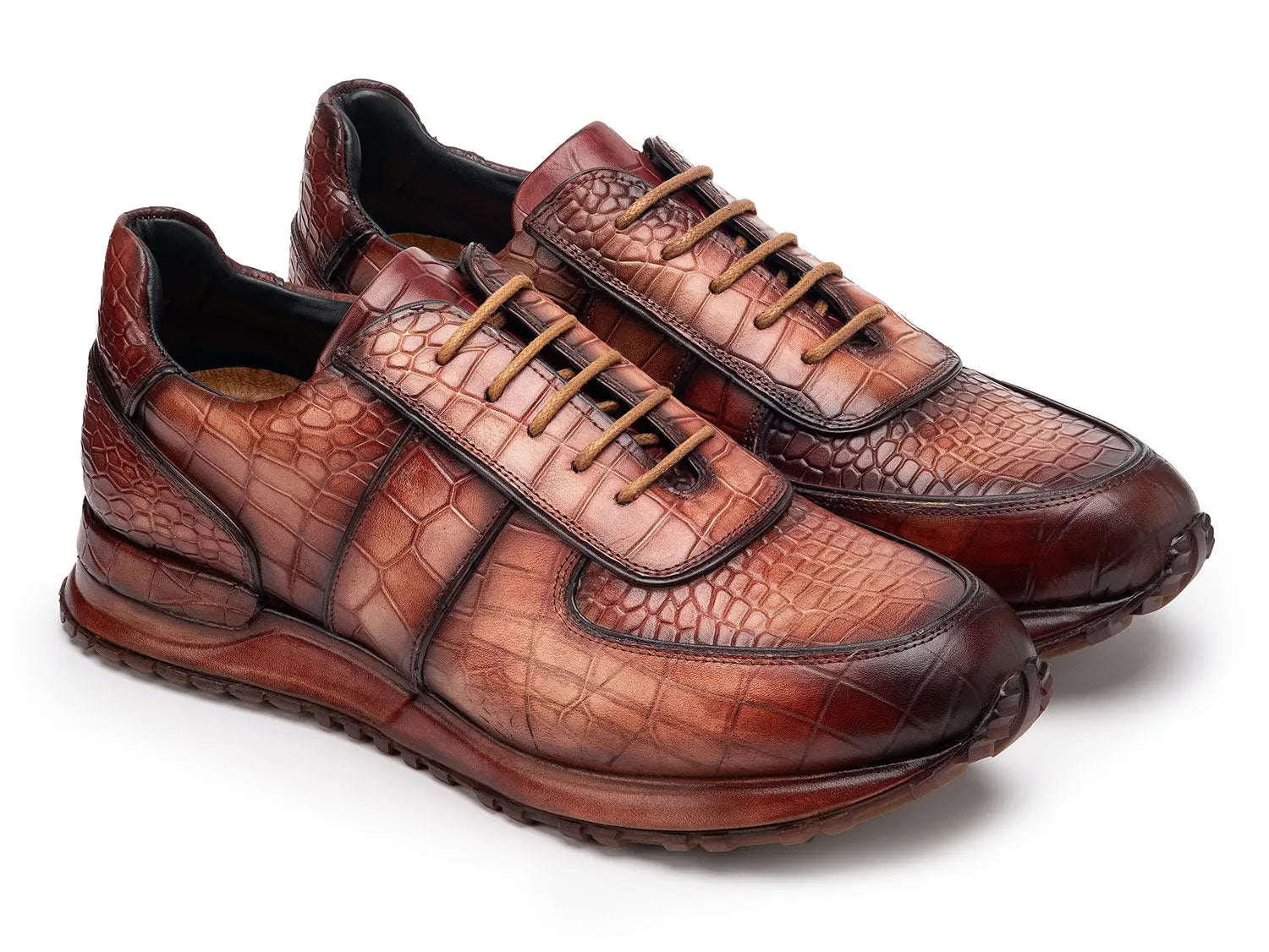 Paul Parkman Men's Brown Burnished Textured Leather Sneakers (ID#LB704CML) PAUL PARKMAN
