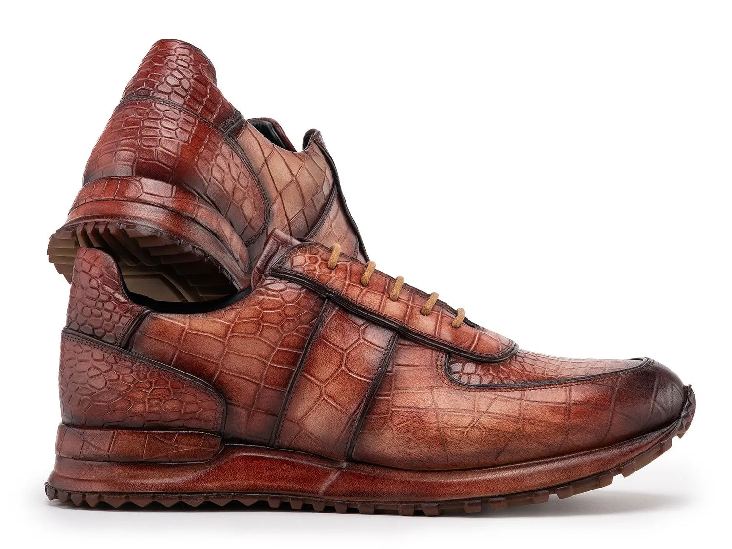 Paul Parkman Men's Brown Burnished Textured Leather Sneakers (ID#LB704CML) PAUL PARKMAN