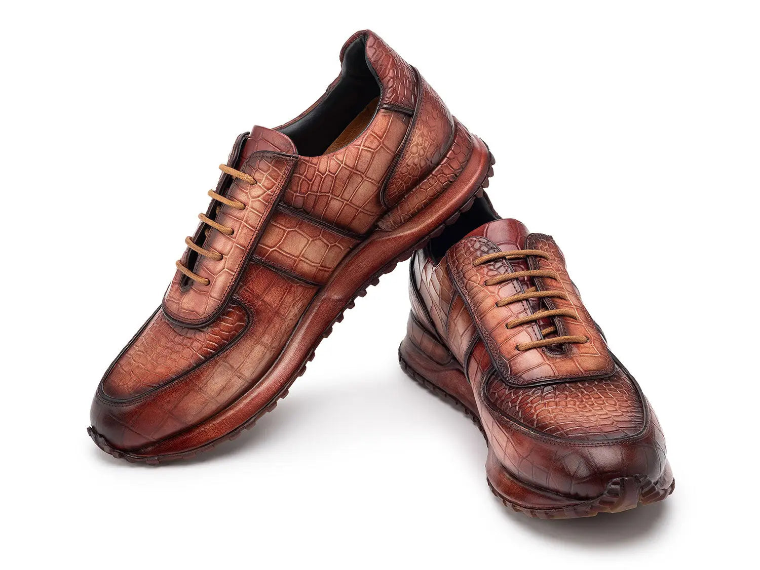 Paul Parkman Men's Brown Burnished Textured Leather Sneakers (ID#LB704CML) PAUL PARKMAN
