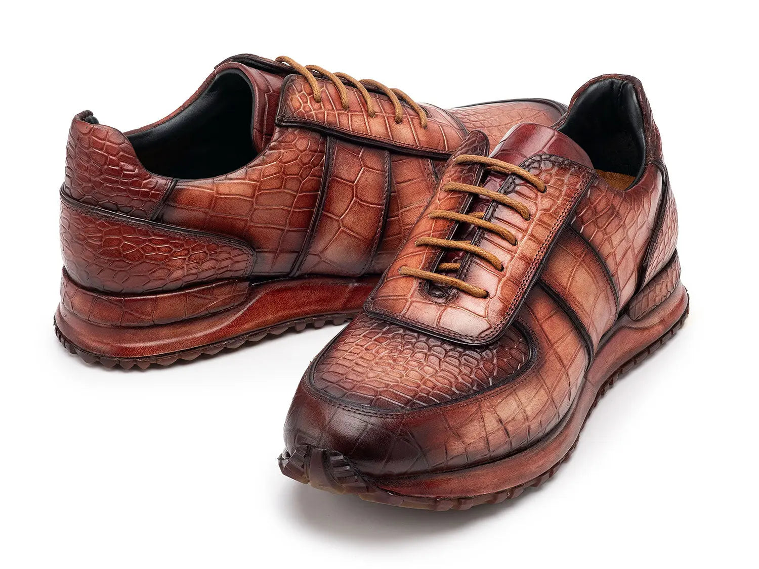 Paul Parkman Men's Brown Burnished Textured Leather Sneakers (ID#LB704CML) PAUL PARKMAN