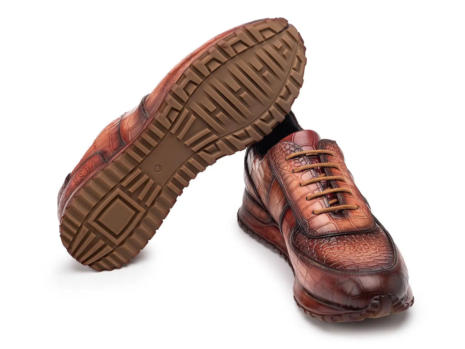 Paul Parkman Men's Brown Burnished Textured Leather Sneakers (ID#LB704CML) PAUL PARKMAN