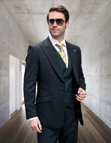 Statement Lorenzini Hunter Green Super 180's Italian Wool Vested Suit Suit Essence