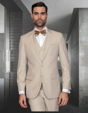 Statement Lorenzo Tan Slim Fit Vested Suit – Super 150’s Italian Wool