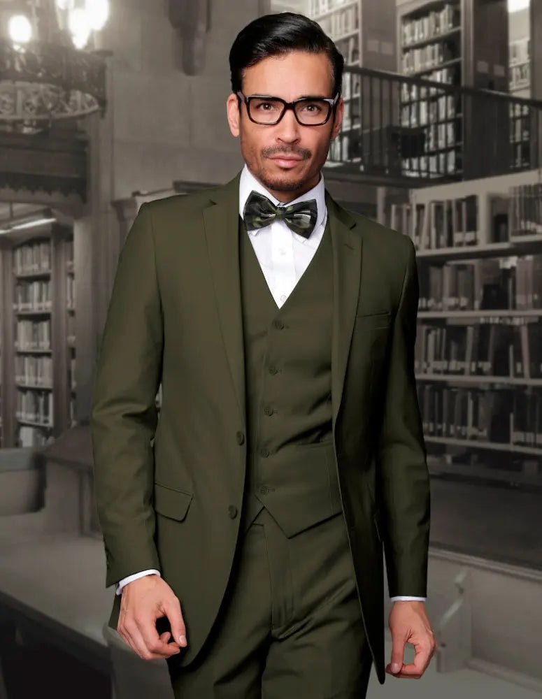Statement Lorenzo Olive Slim Fit Vested Suit – Super 150’s Italian Wool