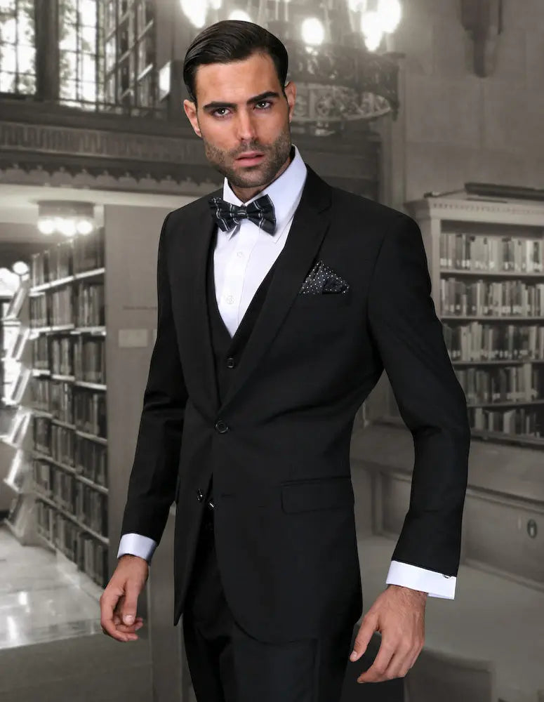 Statement Corta Black Slim Fit Vested Suit – Super 150’s Italian Wool