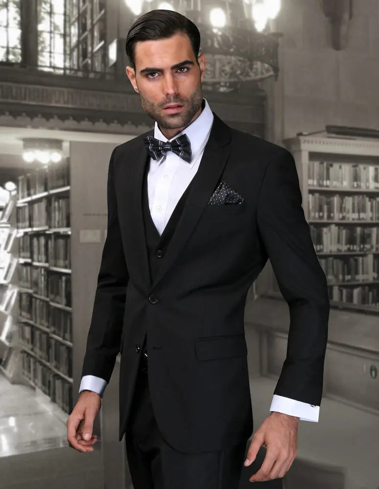 Statement Lorenzo Black Slim Fit Vested Suit – Super 150’s Italian Wool