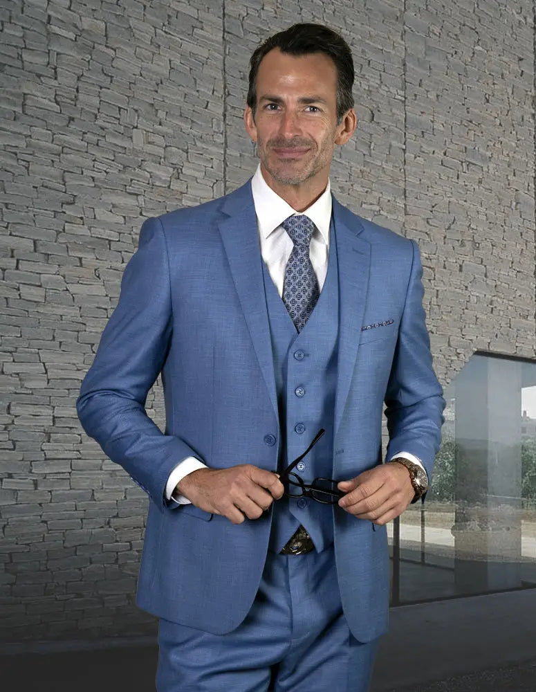 Statement Lazaro Steel Blue Slim Fit Vested Suit – Super 150’s Italian Wool